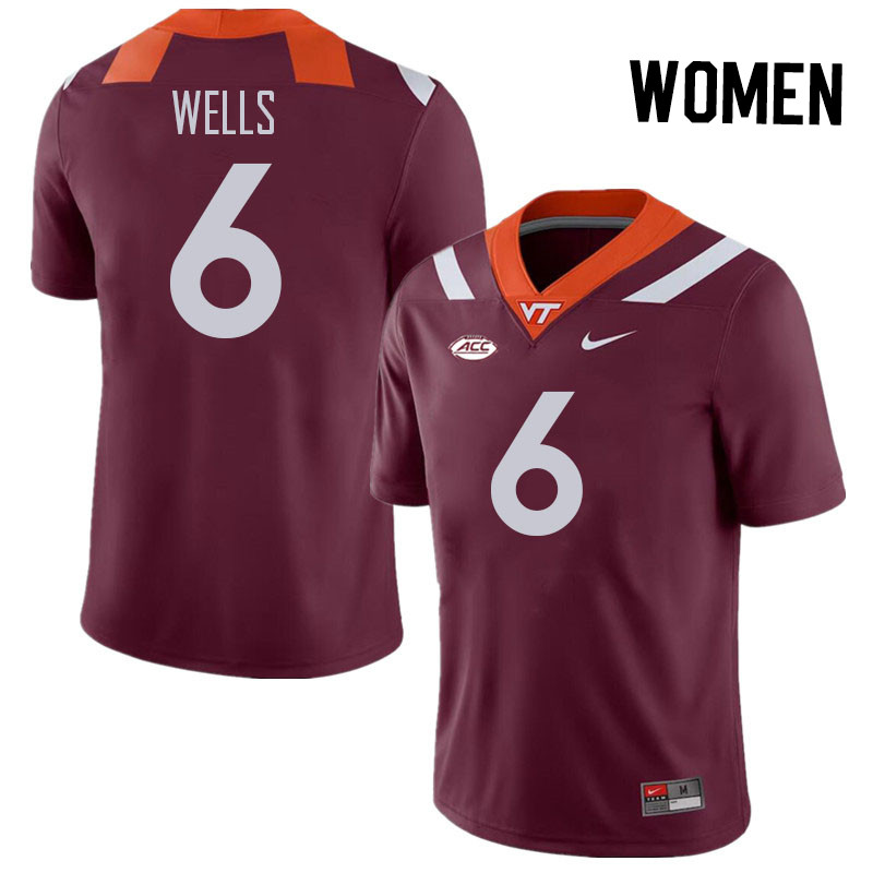 Women #6 Grant Wells Virginia Tech Hokies College Football Jerseys Stitched Sale-Maroon